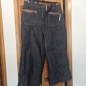 Maeve Dark Blue Flare Jeans with Brown Accents